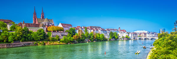 Old city center of Basel with Munster cathedral and the Rhine river, Switzerland, Europe. Basel is a city in northwestern Switzerland on the river Rhine and third-most-populous city.