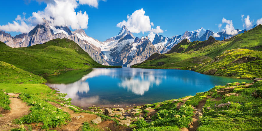 Scenic view on Bernese range above Bachalpsee lake. Popular tourist attraction. Location place Swiss alps, Grindelwald valley, Europe.