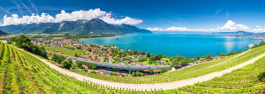 Panorama view of Montreux city with Swiss Alps, lake Geneva and vineyard on Lavaux region, Canton Vaud, Switzerland, Europe.