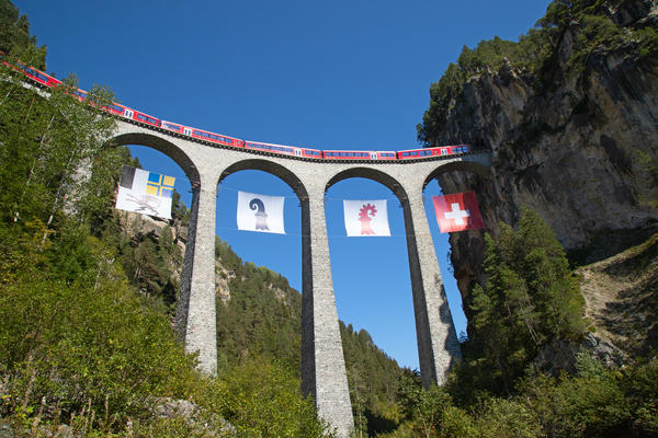 Famous Landwasser viaduct nearby Filisur town in the swiss alps