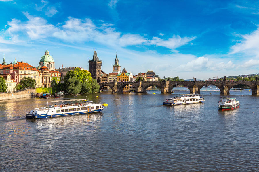 Panoramic view of Charles Bridge in Prague in a beautiful summer day, Czech Republic