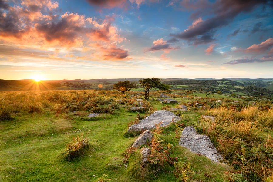 Stunning sunset over Dartmoor from Combestone Tor near Hexworthy