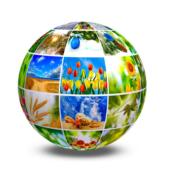 image of the globe made up of various photographs of nature on a green background