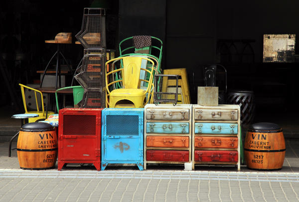 Vintage furniture and other staff at entry to shop at Jaffa flea market district in Tel Aviv-Jaffa, Israel.