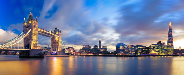 Panorama of Tower Bridge at Sunset in London, Uk.