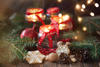 Christmas decorations. Candles in glass jars with fir and gingerbread cookies